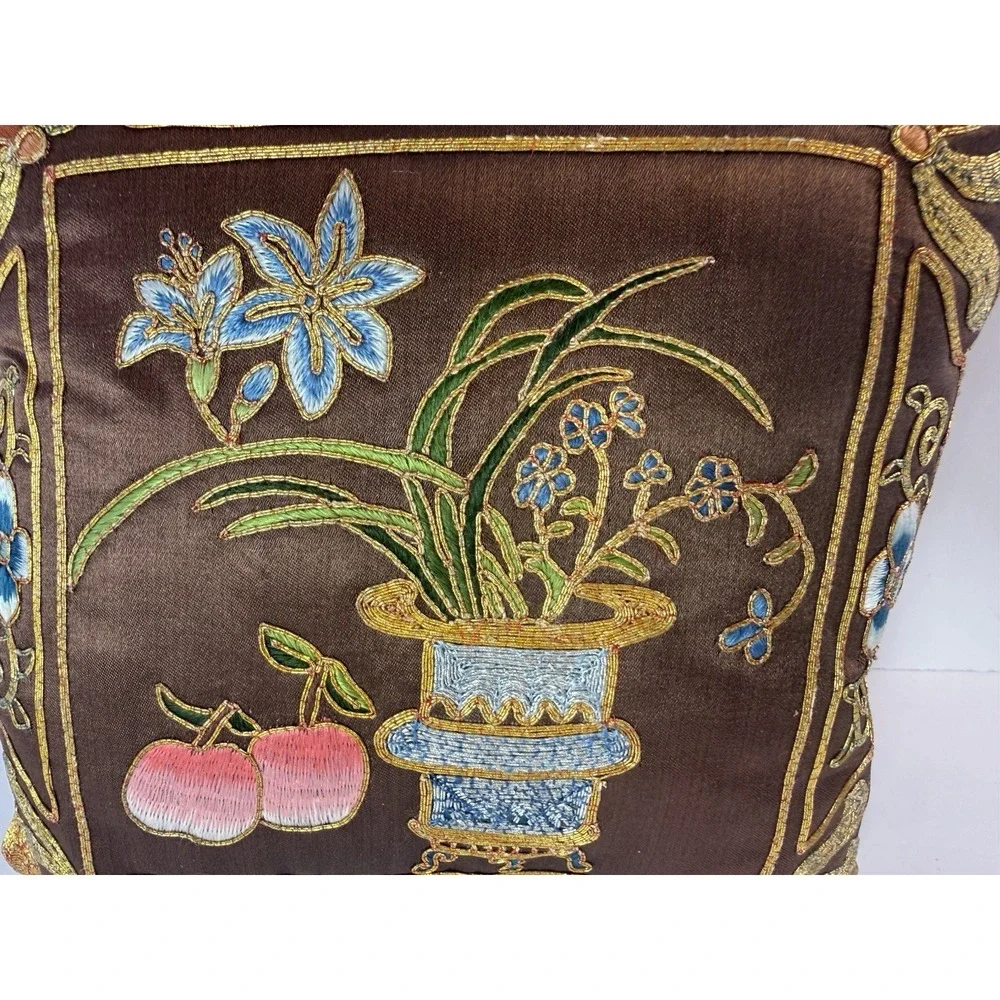 Vintage Silk Chinoiserie Pillow Gold Bullion Metallic Embroidered Flower Vase